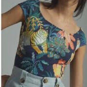 Anthropologie Maeve TigerJungle Print Off-Shoulder Knit Cropped Top Medium